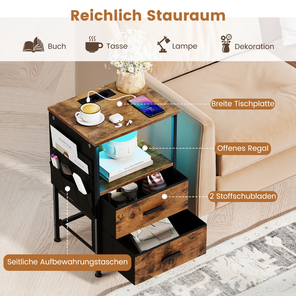 Nightstand Set with Charging Station & LED Lights