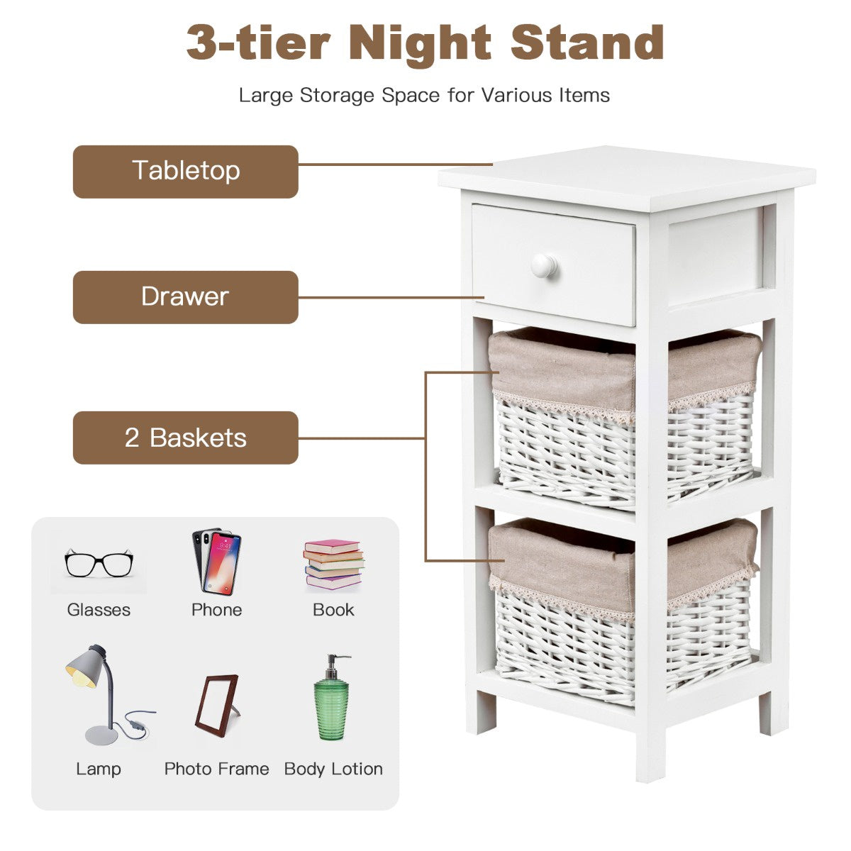 Nightstand, White Wood, 2 Rattan Drawers, 1 Drawer