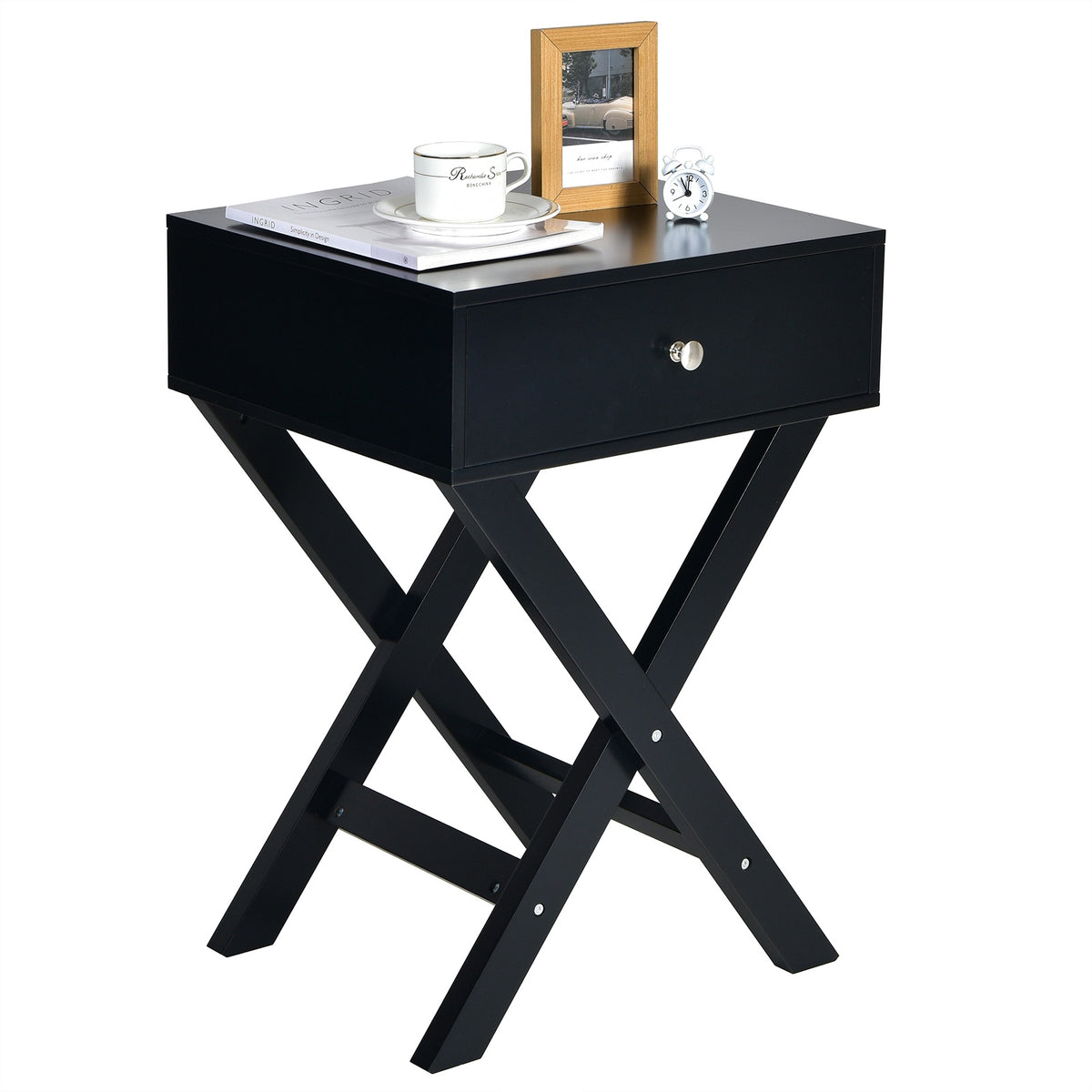 Nightstand With Drawer, X-Frame MDF, Black