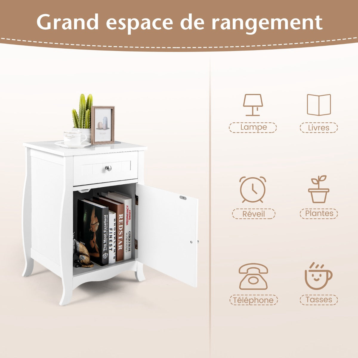 Nightstand With Drawer and Cabinet, Curved Legs, White