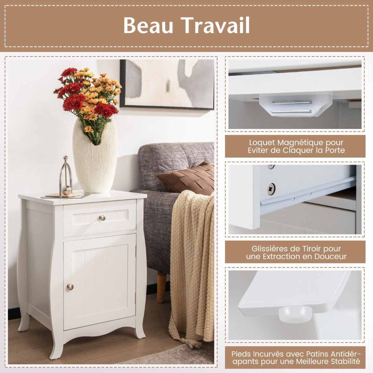 Nightstand With Drawer and Cabinet, Curved Legs, White
