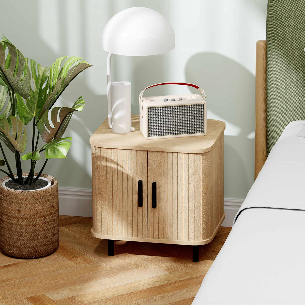 Nightstand With Sliding Slatted Doors, Steel Legs, Oak