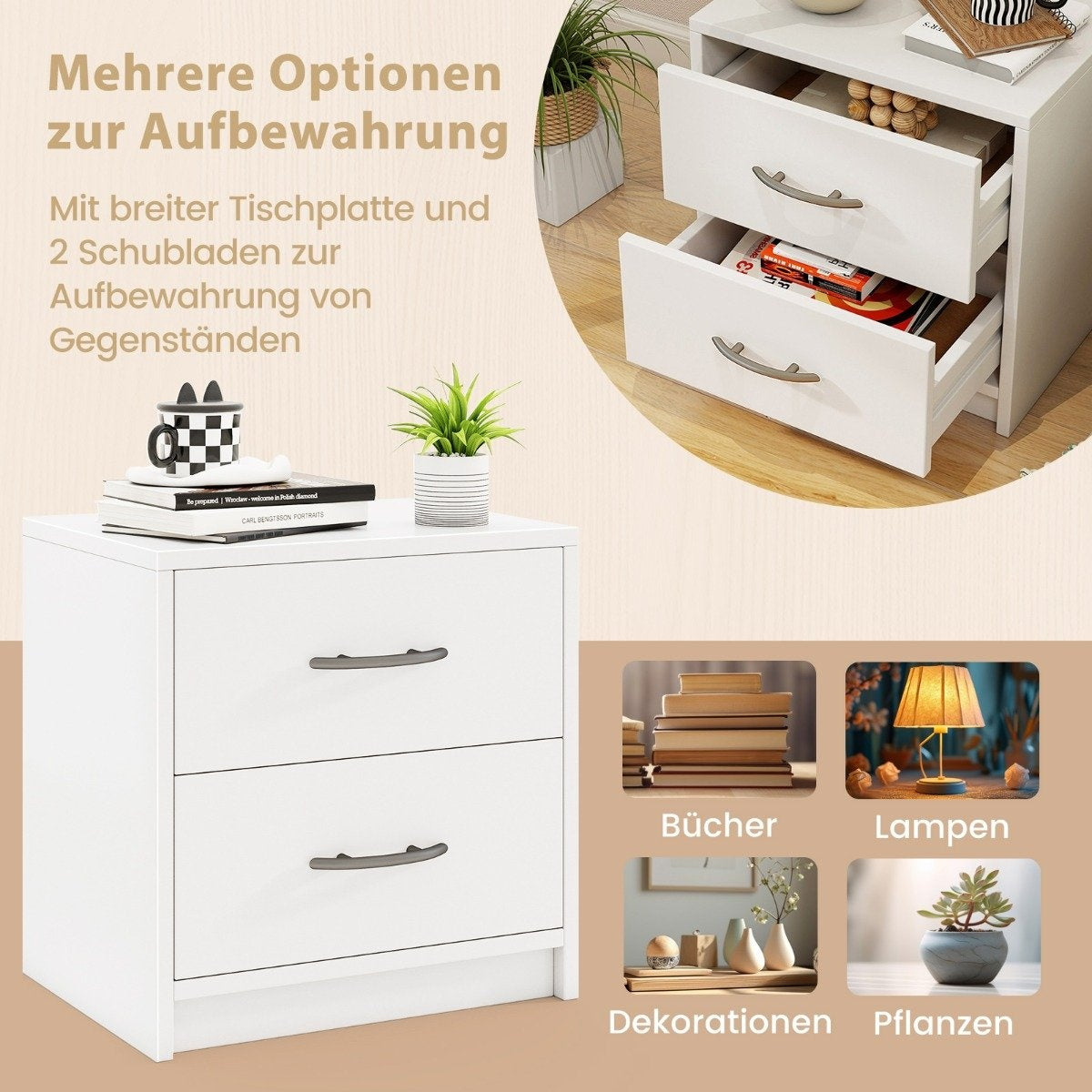 Nightstand with 2 Drawers – White, Compact Bedside Table