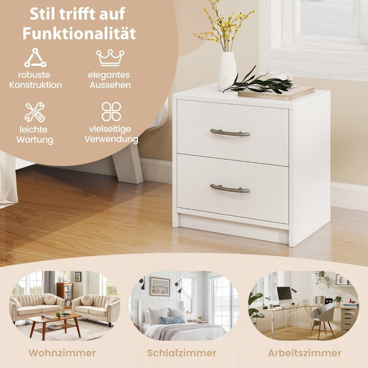 Nightstand with 2 Drawers – White, Compact Bedside Table