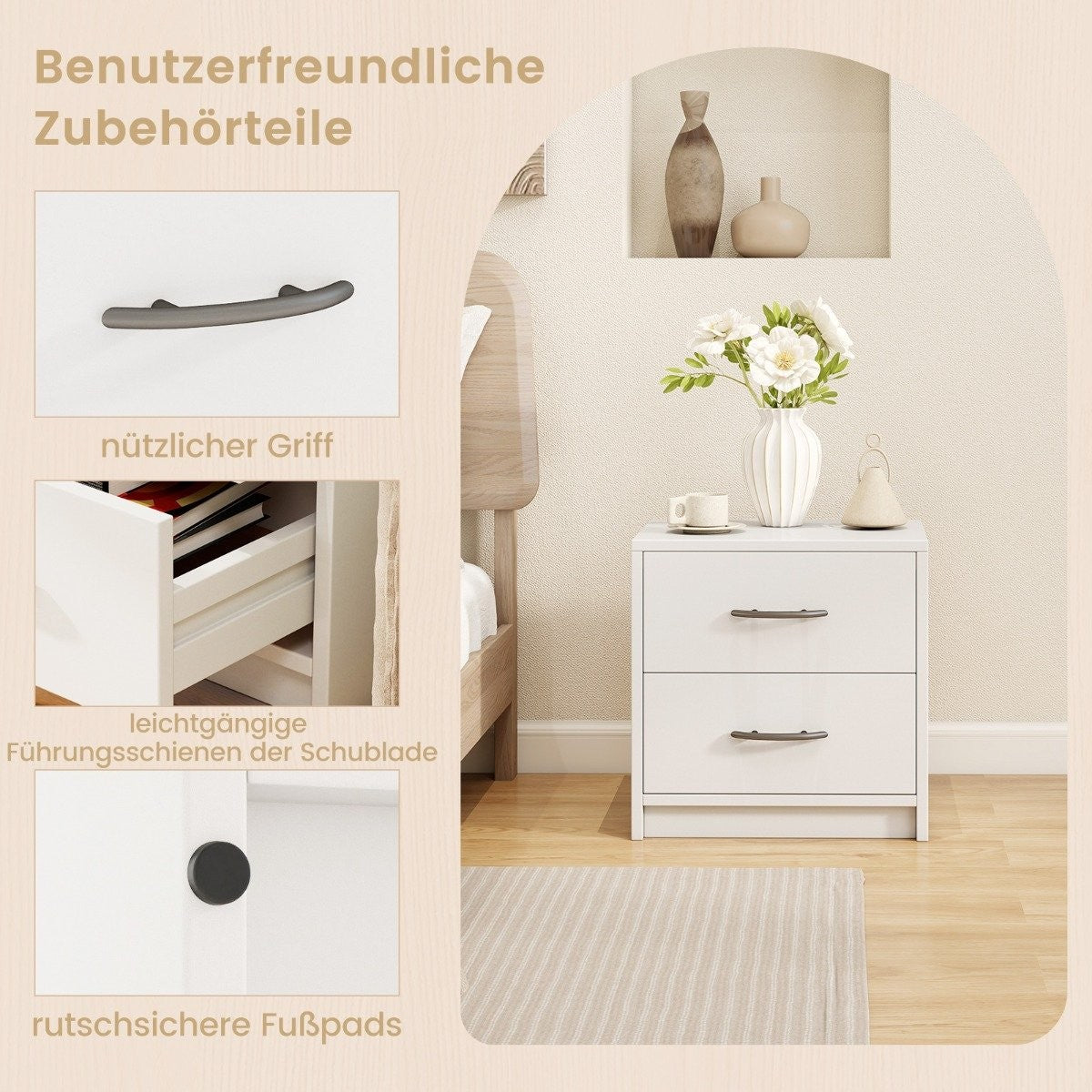 Nightstand with 2 Drawers – White, Compact Bedside Table