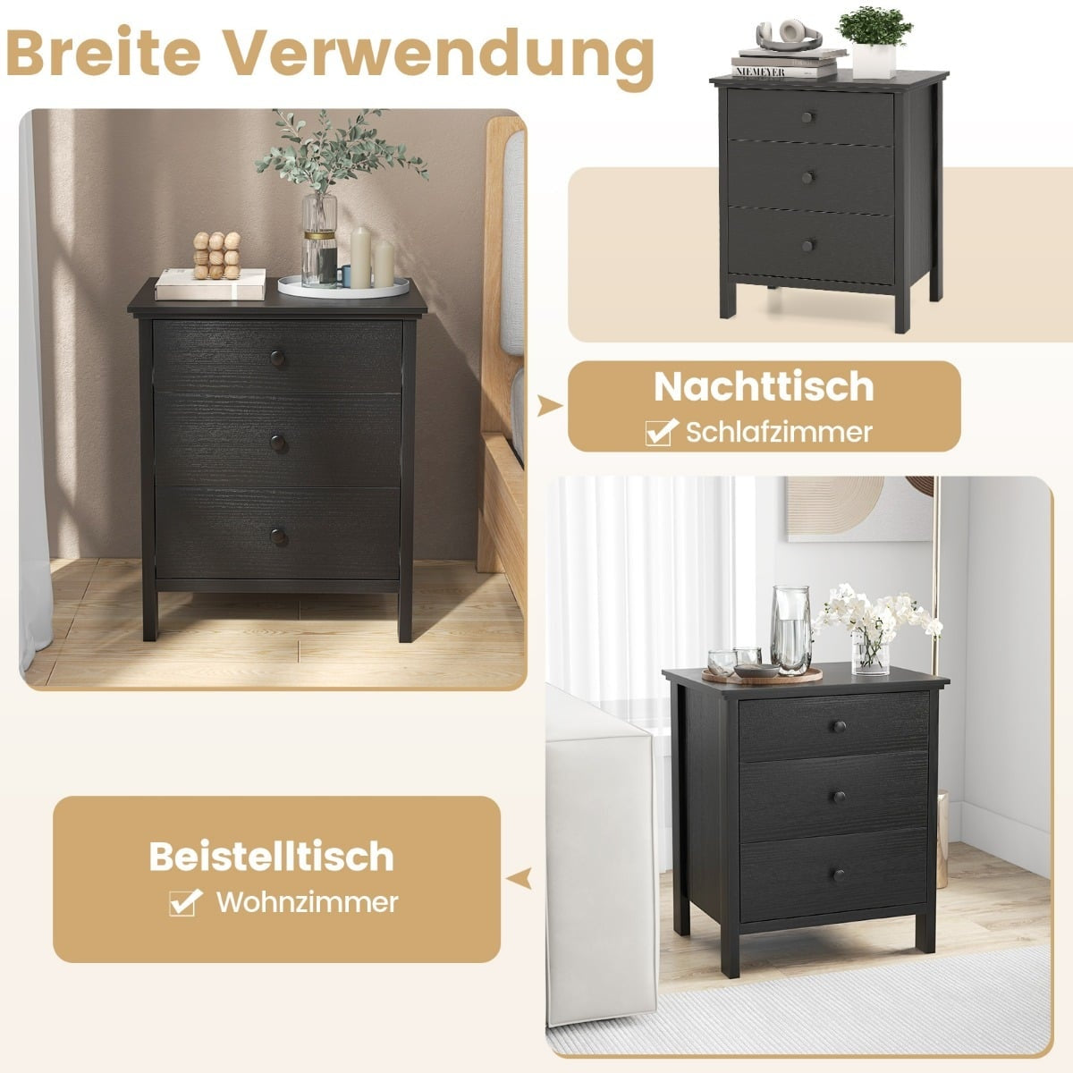 Nightstand with 3 Drawers, Black, 56 x 45 x 66 cm