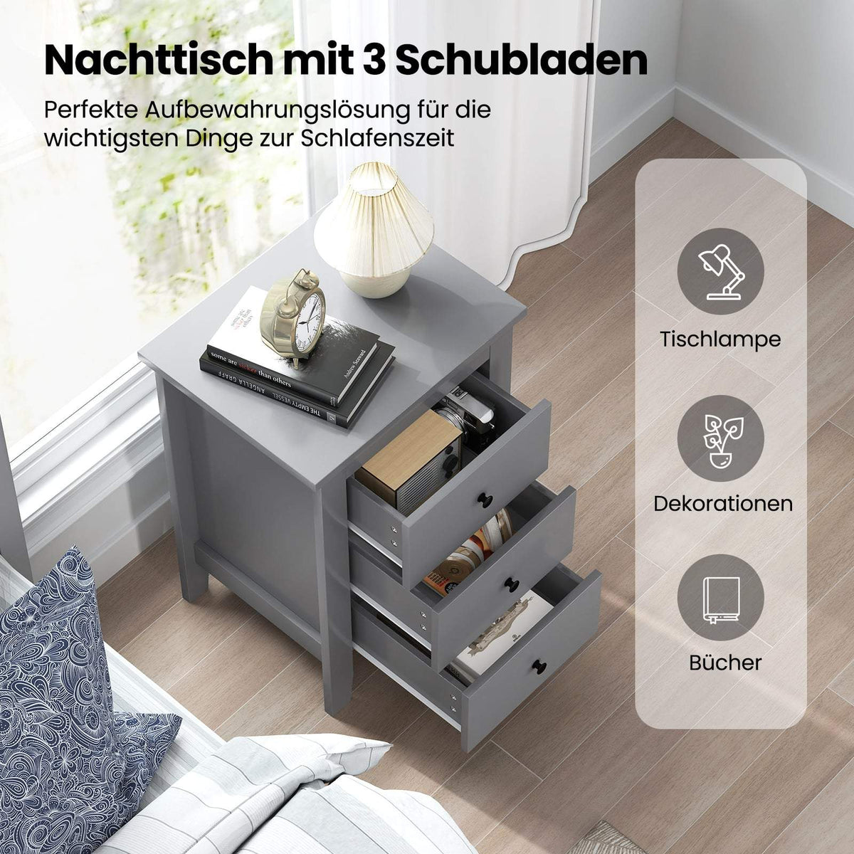 Nightstand with 3 Drawers, Large Storage, Grey