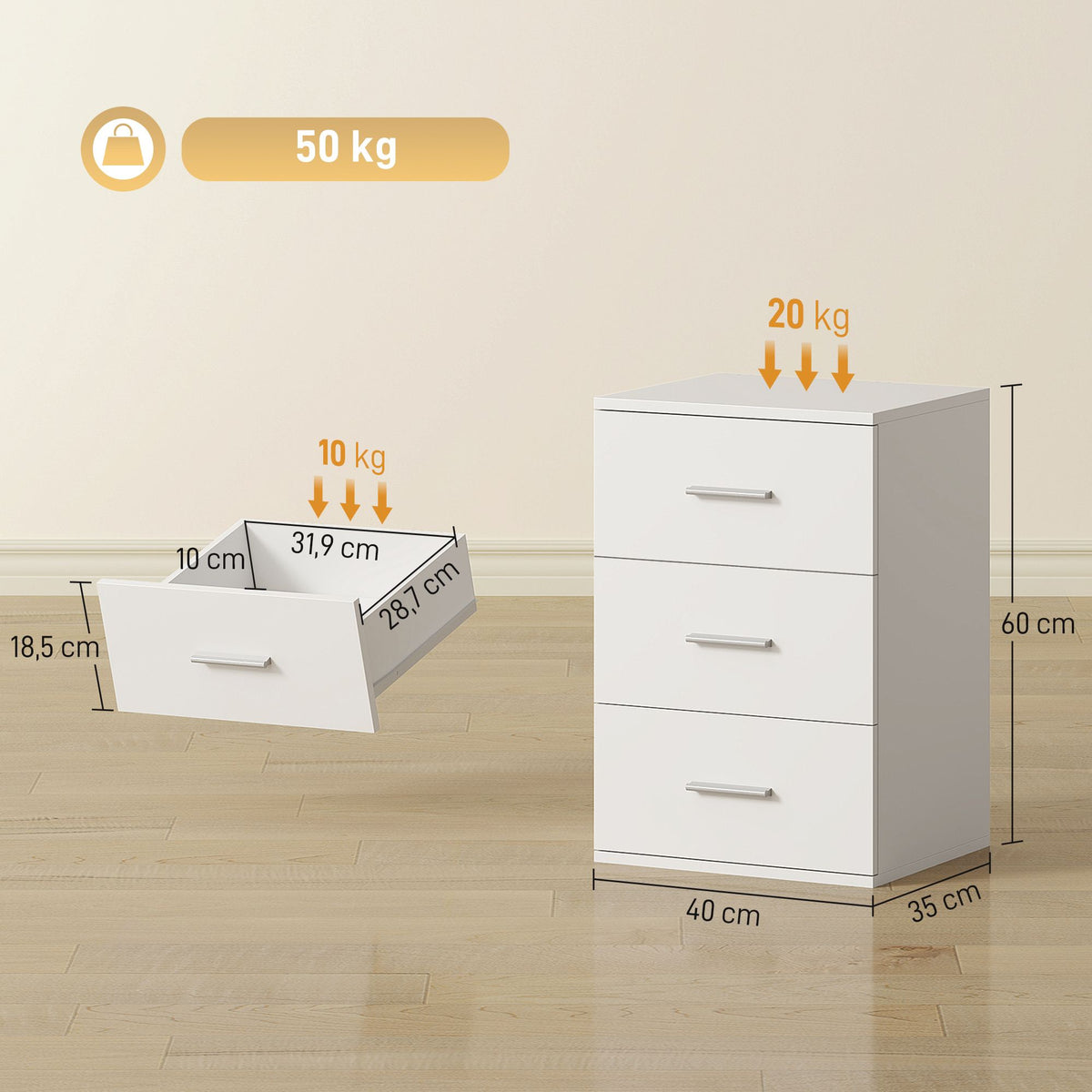 Nightstand with 3 Drawers, MDF, White, 40x35x60 cm