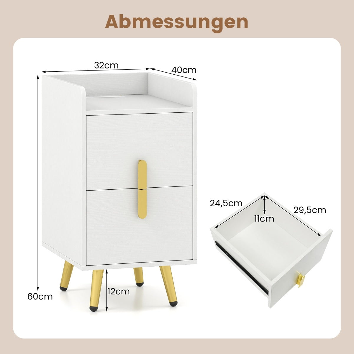 Nightstand with Charging Station, 2 Drawers, Metal Legs, White