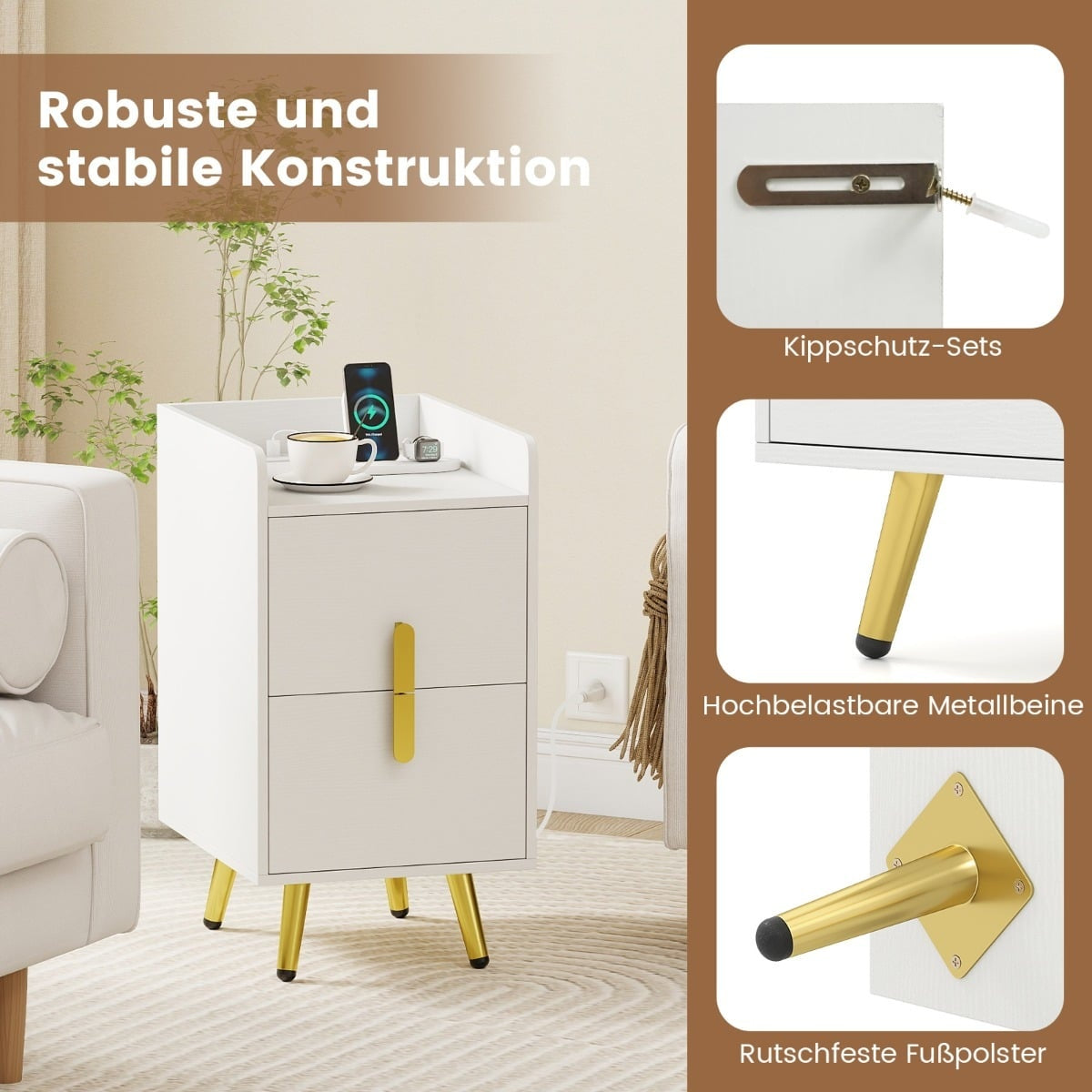 Nightstand with Charging Station, 2 Drawers, Metal Legs, White
