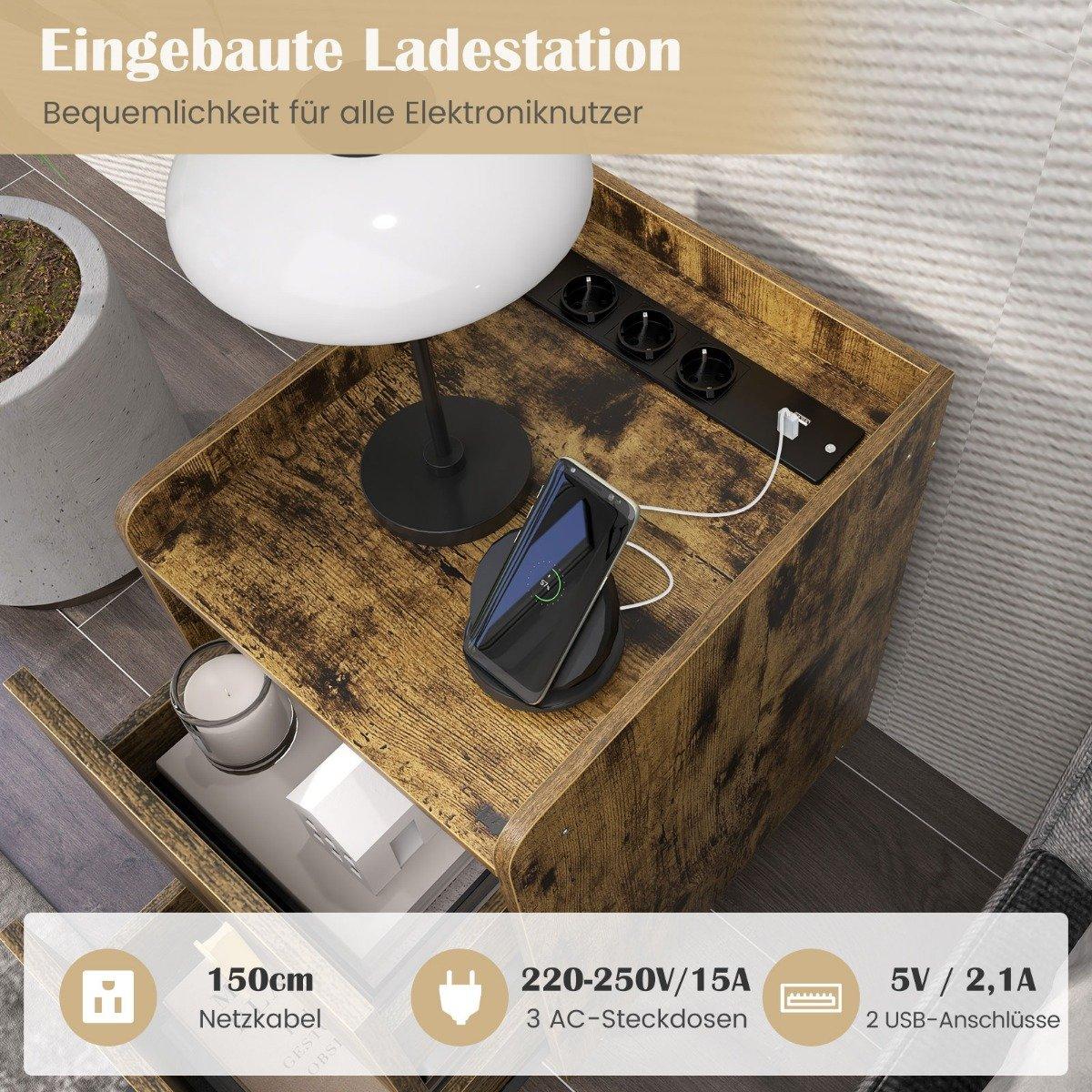 Nightstand with Charging Station, 2 Drawers, USB Ports, 40x32x60 cm