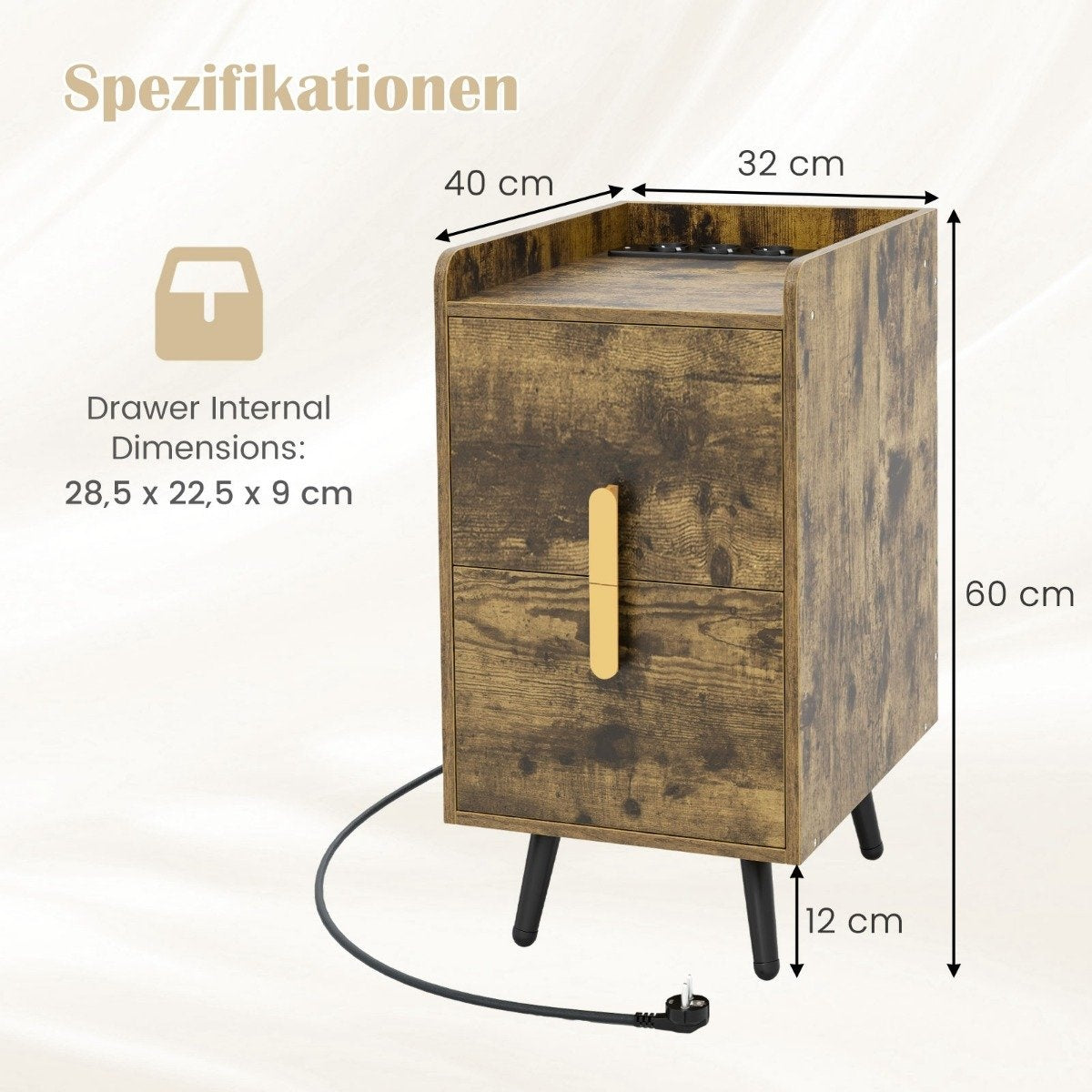 Nightstand with Charging Station, 2 Drawers, USB Ports, 40x32x60 cm