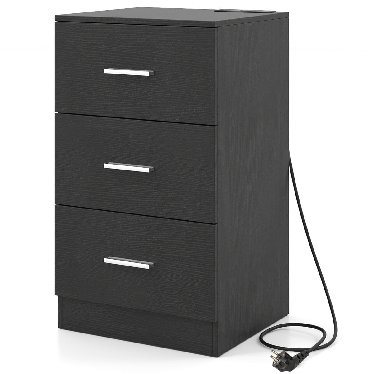 Nightstand with Charging Station, 3 Drawers, Black