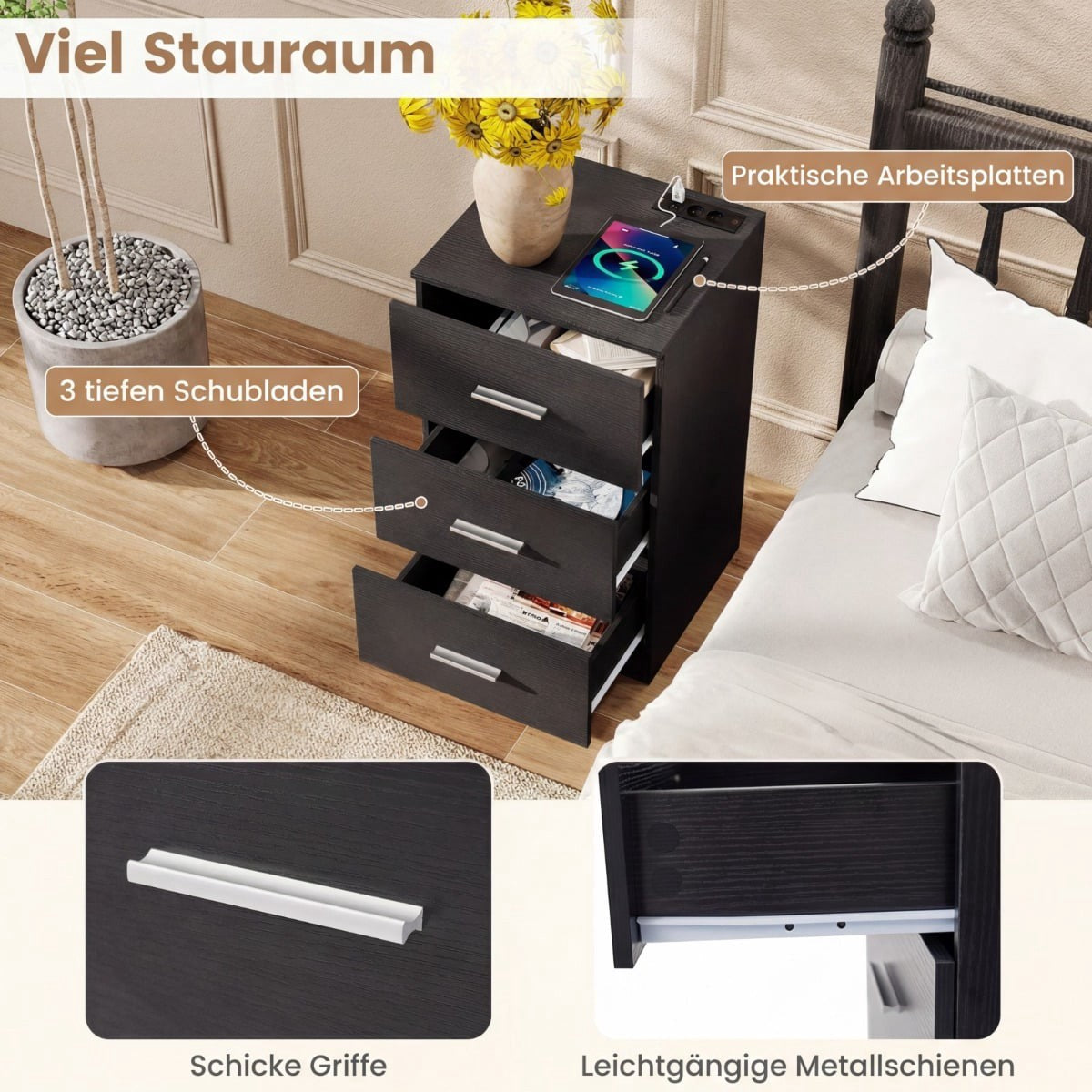 Nightstand with Charging Station, 3 Drawers, Black