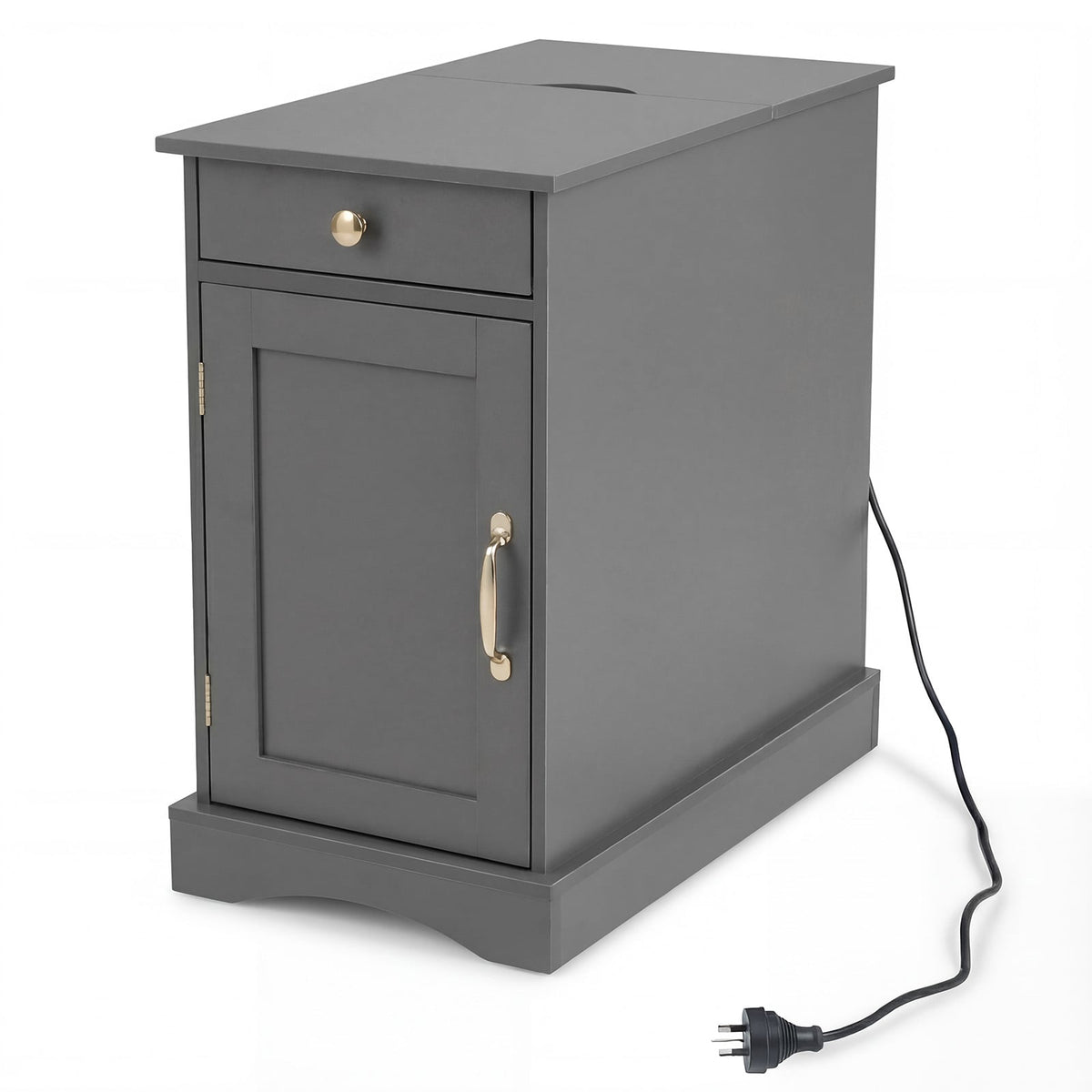 Nightstand with Charging Station, Adjustable Shelf, Gray Wood