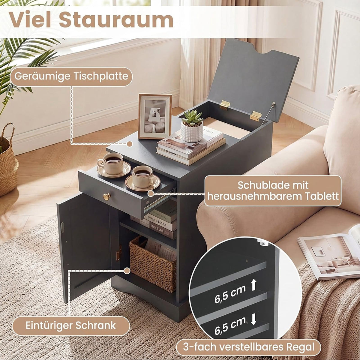 Nightstand with Charging Station, Adjustable Shelf, Gray Wood