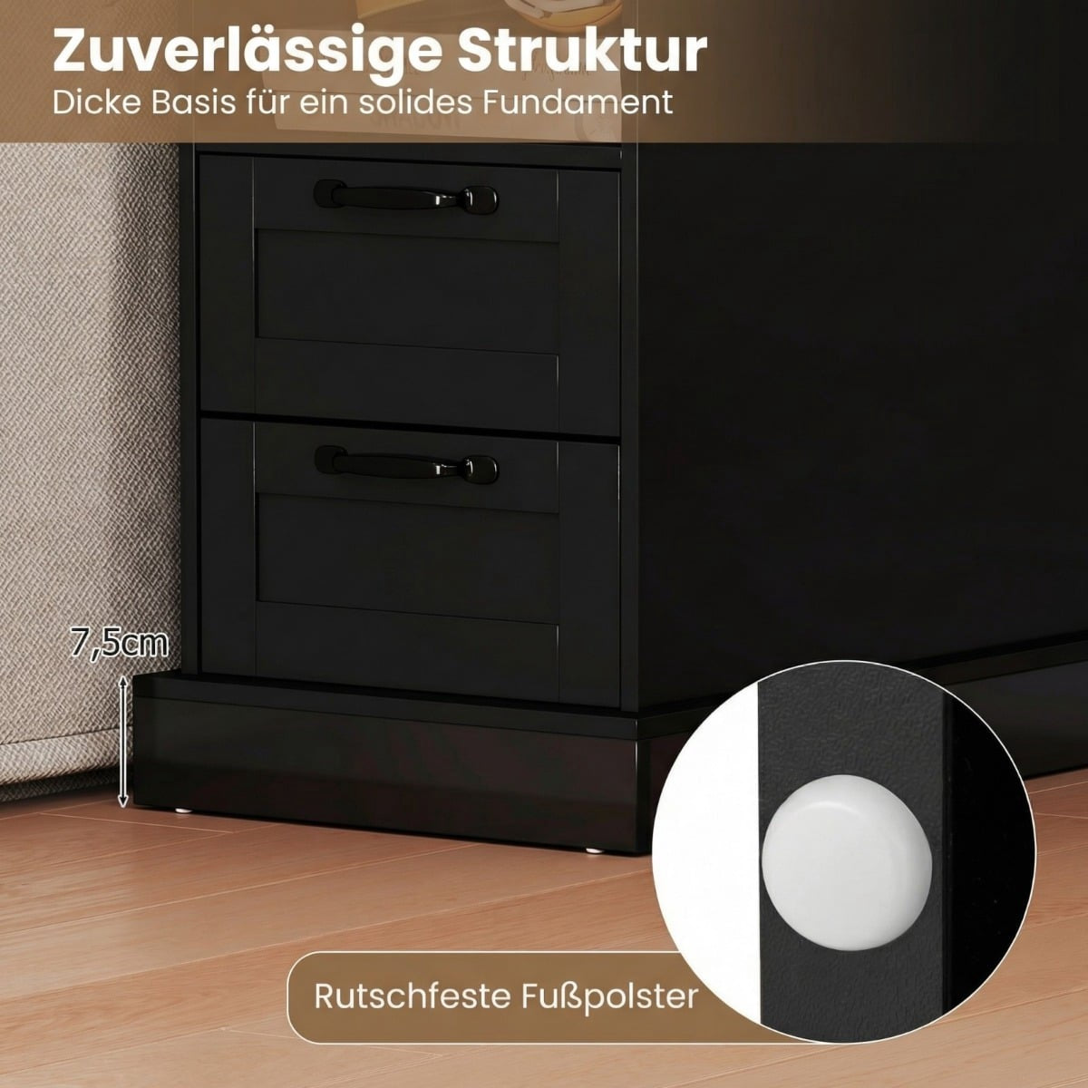 Nightstand with Charging Station, Black, 2 Drawers