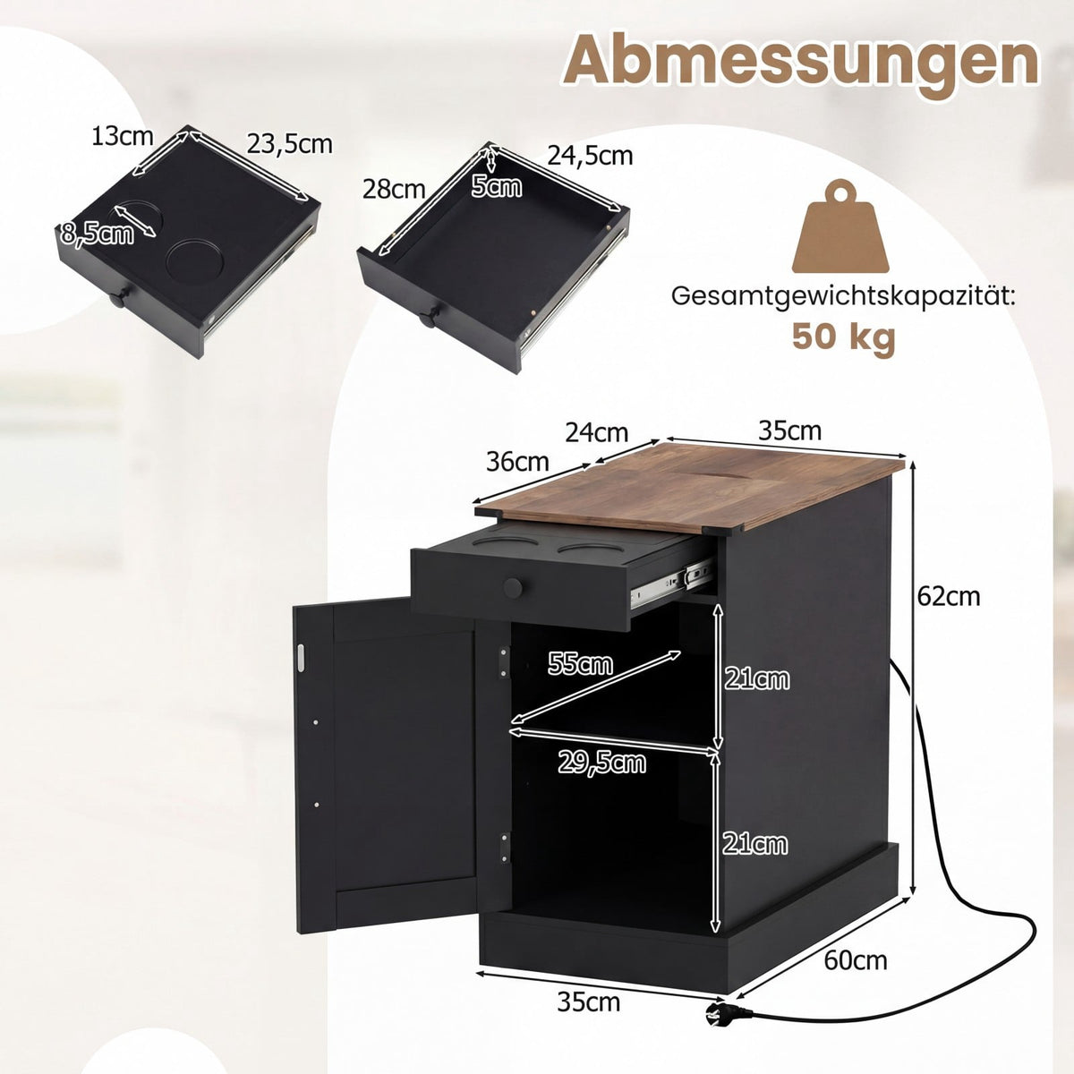 Nightstand with Charging Station, Drawer, Foldable Top, Black
