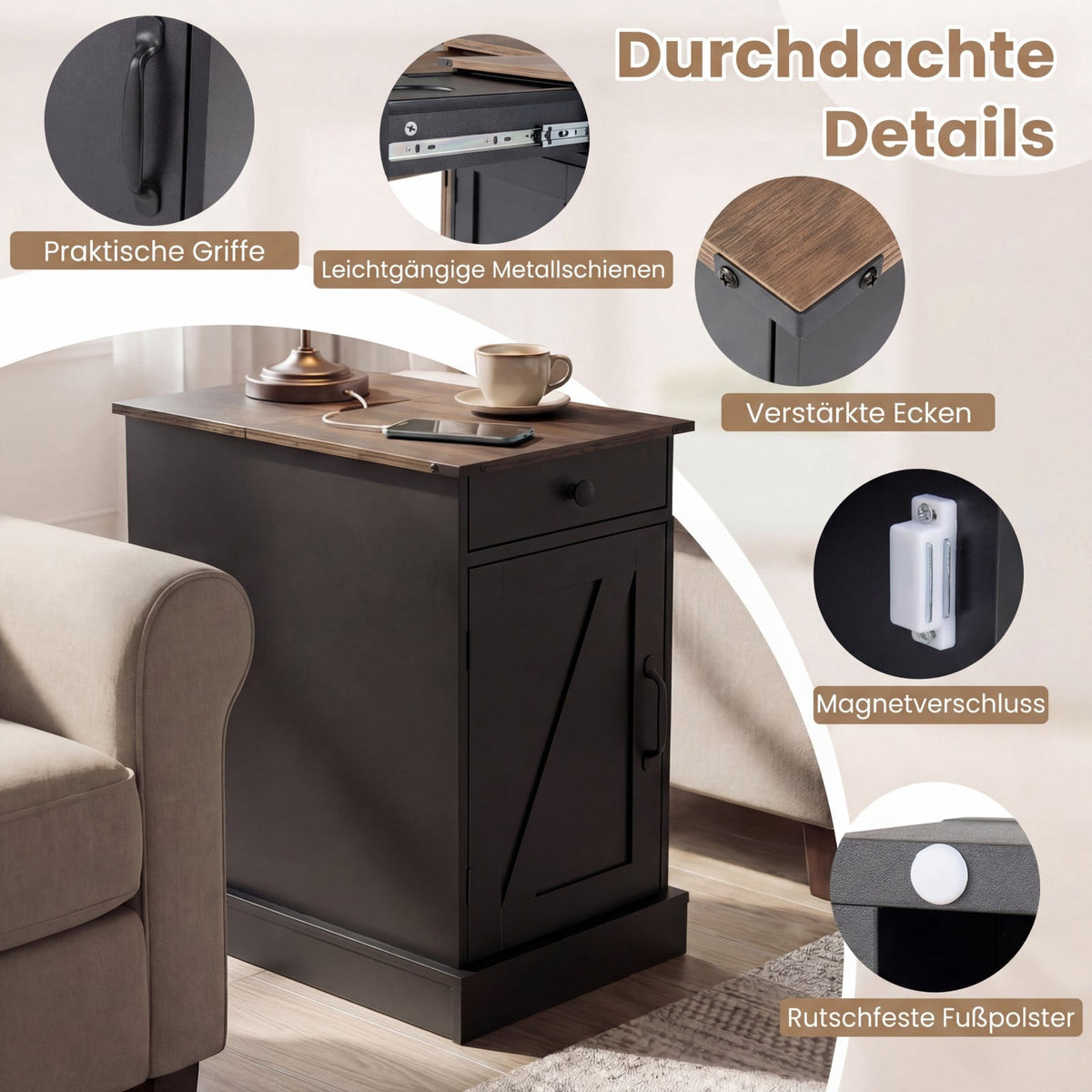 Nightstand with Charging Station, Drawer, Foldable Top, Black