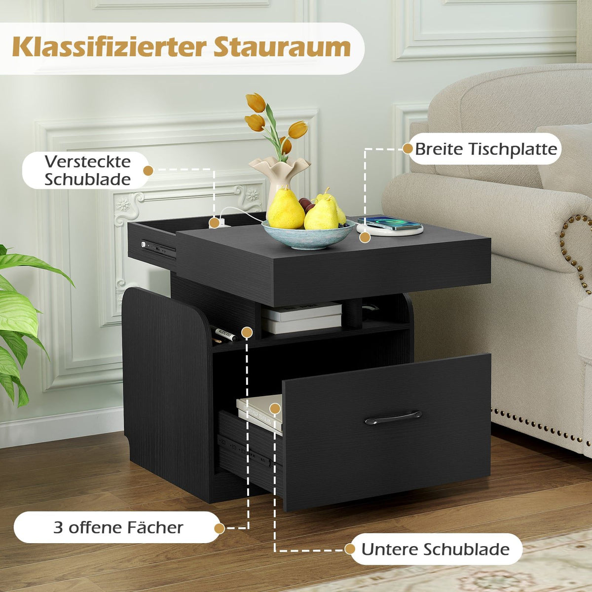 Nightstand with Charging Station, Drawer & Open Shelves, Black