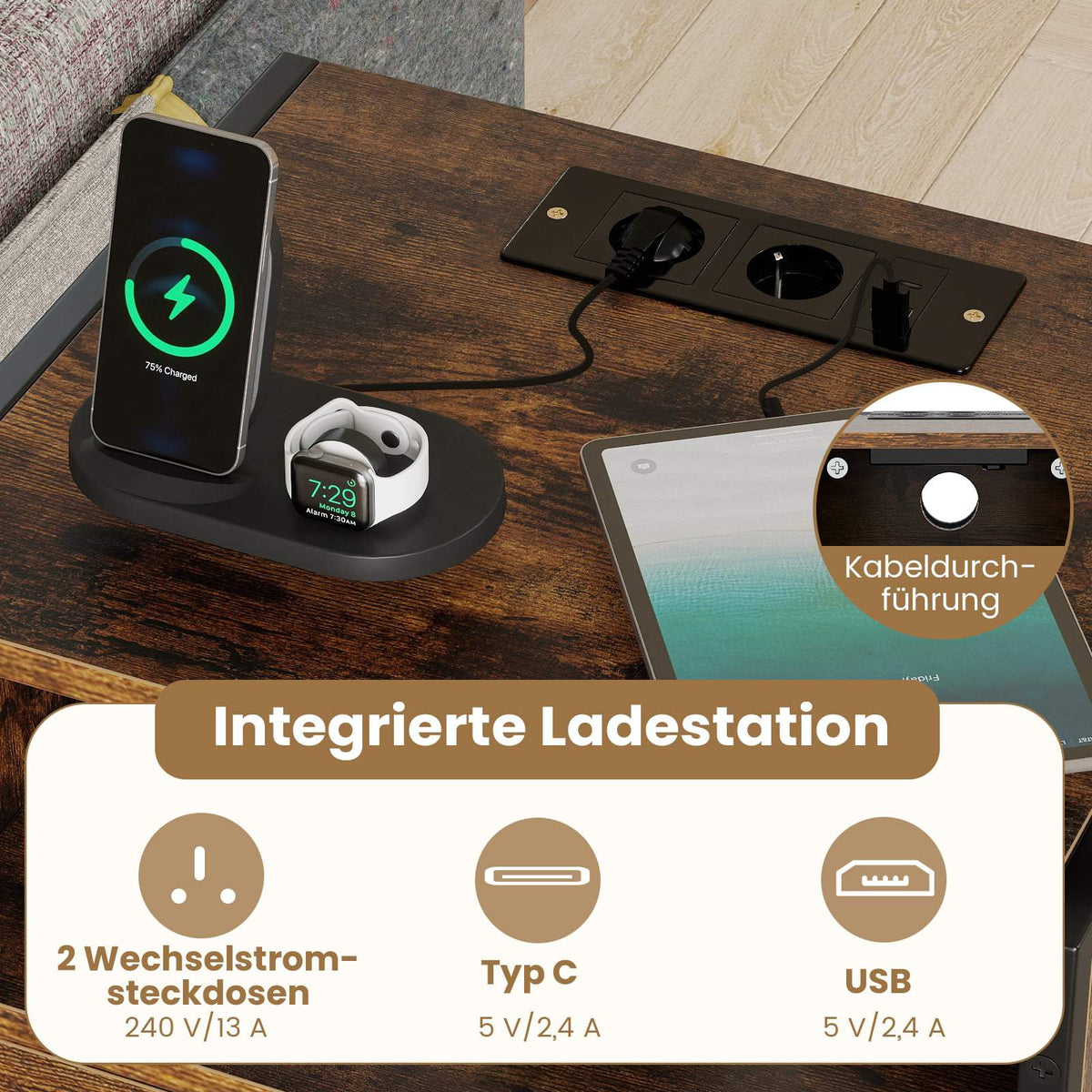 Nightstand with Charging Station, Drawer & Shelf, Rustic Brown