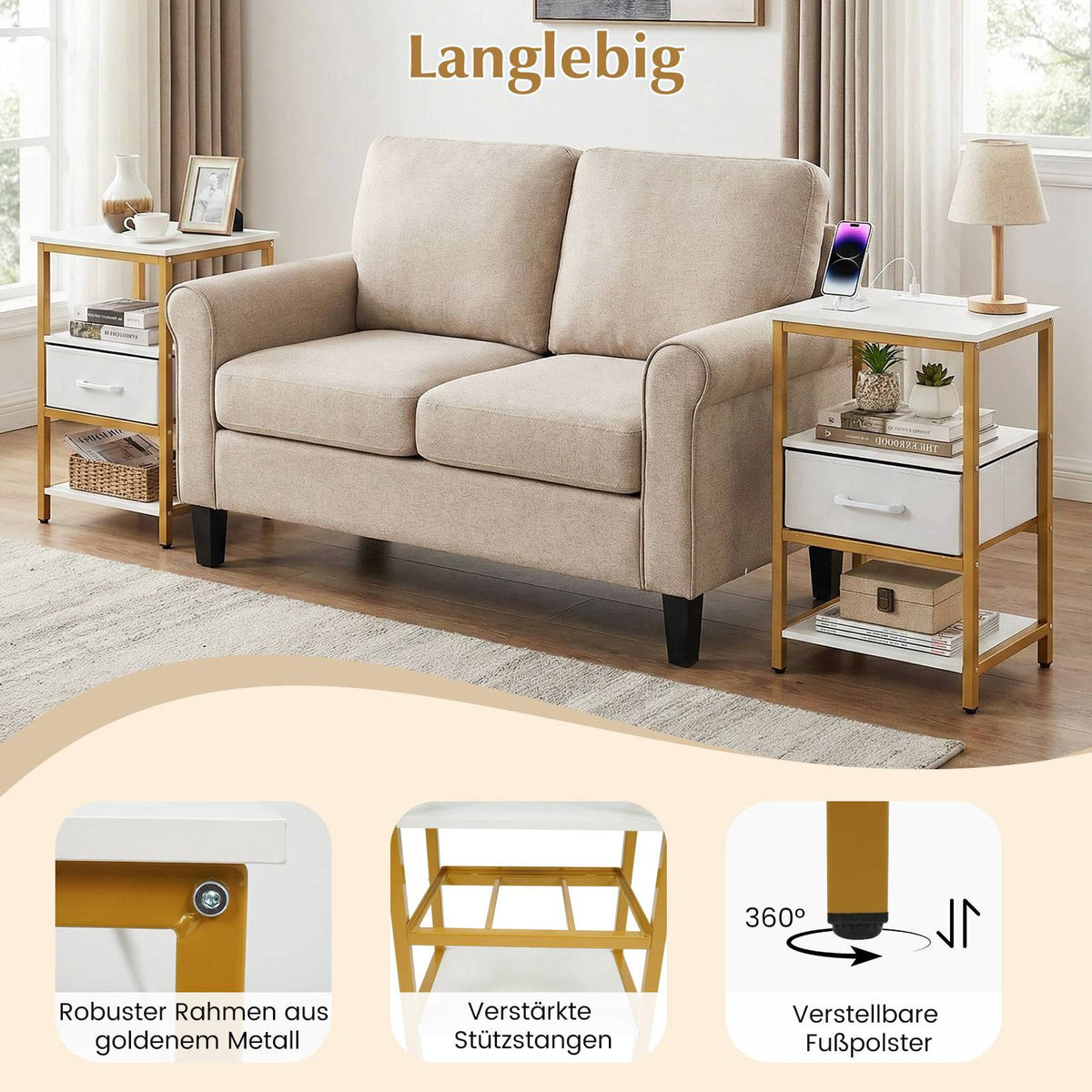 Nightstand with Charging Station, Fabric Drawer, Open Shelves