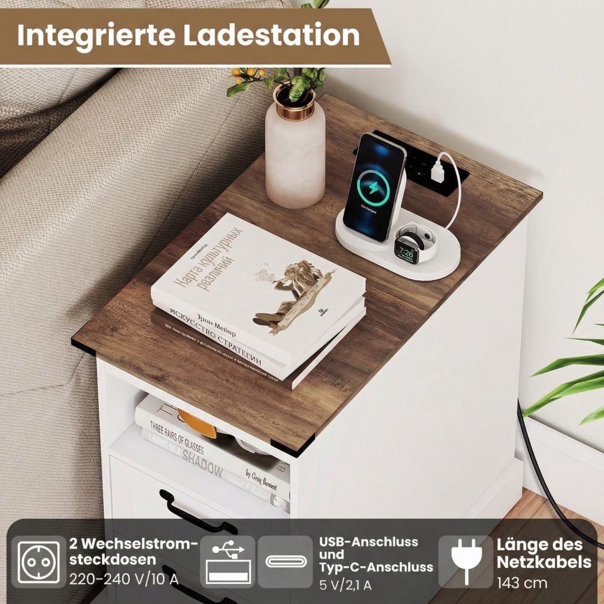 Nightstand with Charging Station, White, 2 Drawers & Shelf