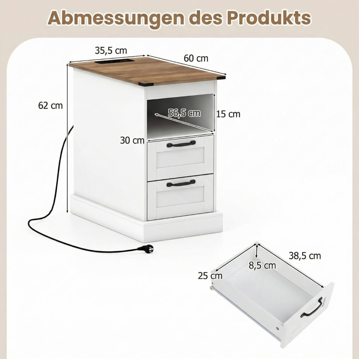 Nightstand with Charging Station, White, 2 Drawers & Shelf