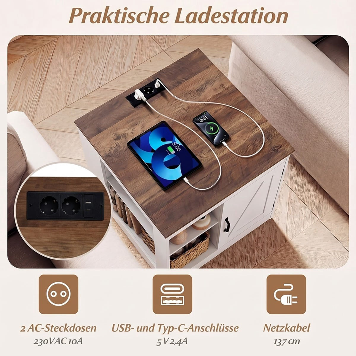Nightstand with Charging Station and Adjustable Shelves