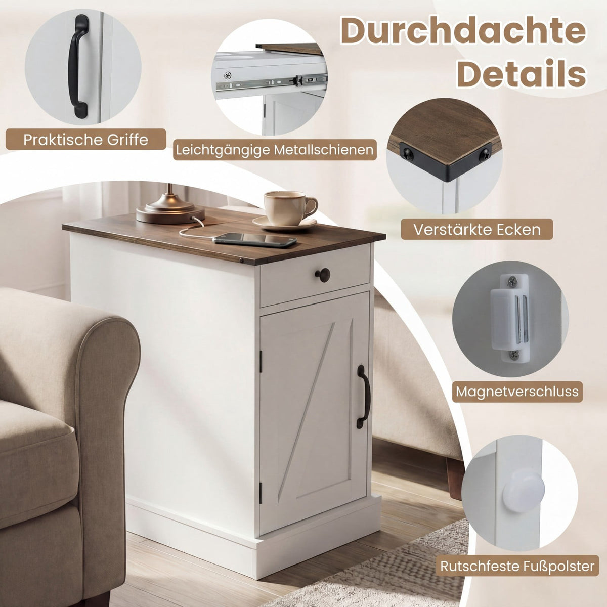 Nightstand with Charging Station and Foldable Top, White