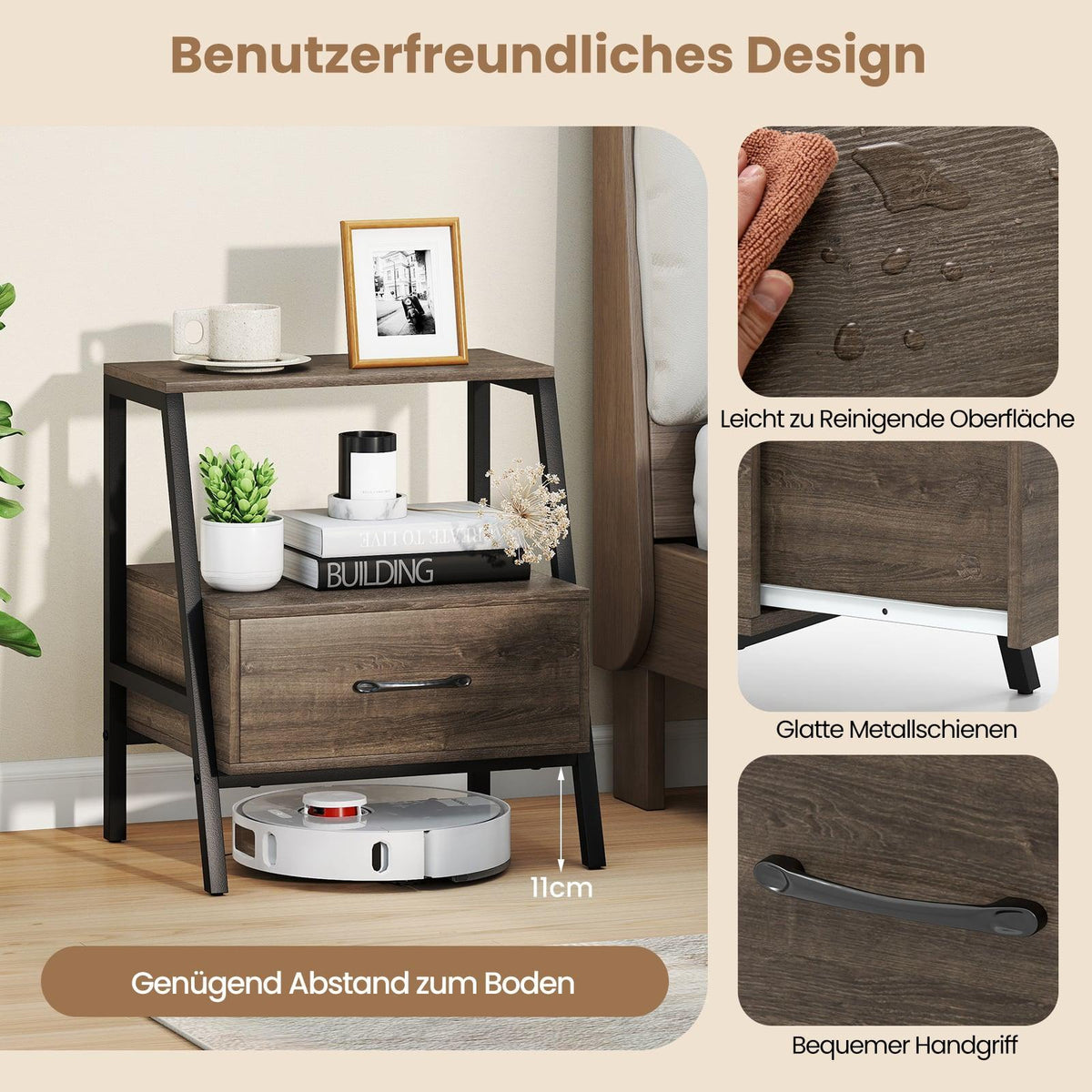 Nightstand with Drawer and Shelf, Metal Frame, 45x35x52.5 cm