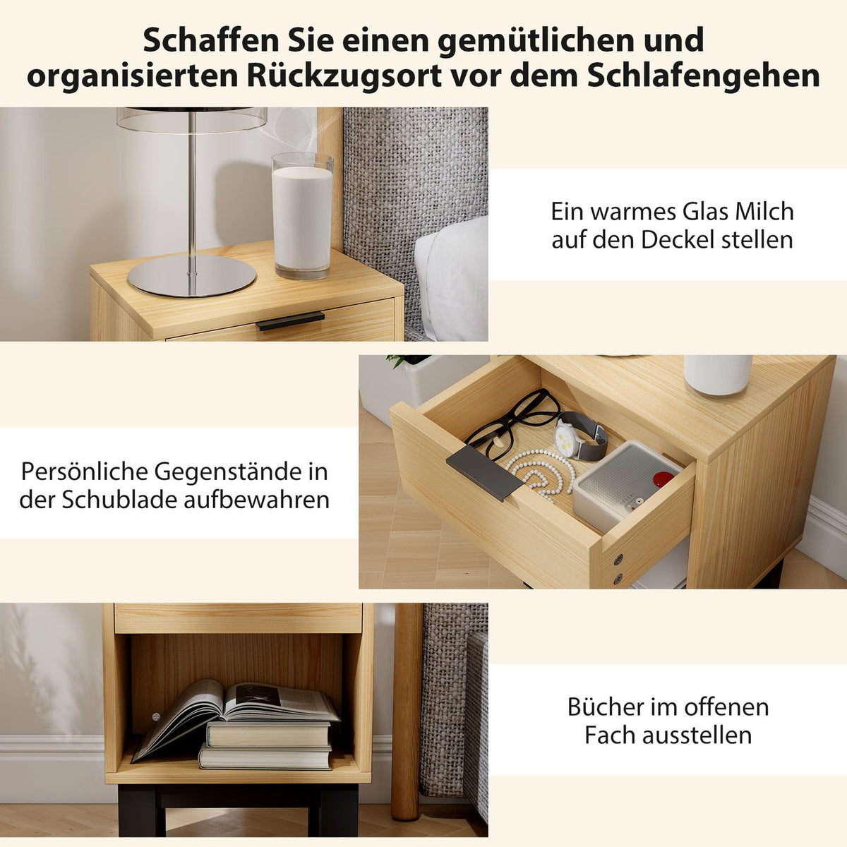 Nightstand with Drawer and Shelf, Oak, 35 x 26 x 50 cm