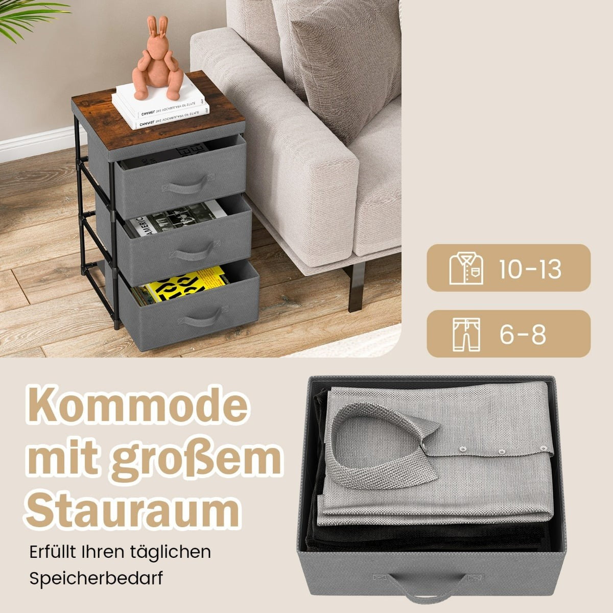 Nightstand with Fabric Drawers, Metal Frame, 2-Pack, Grey