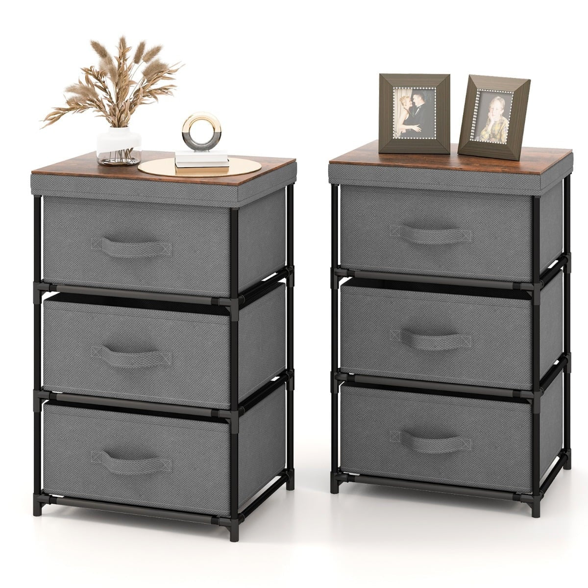 Nightstand with Fabric Drawers, Metal Frame, 2-Pack, Grey