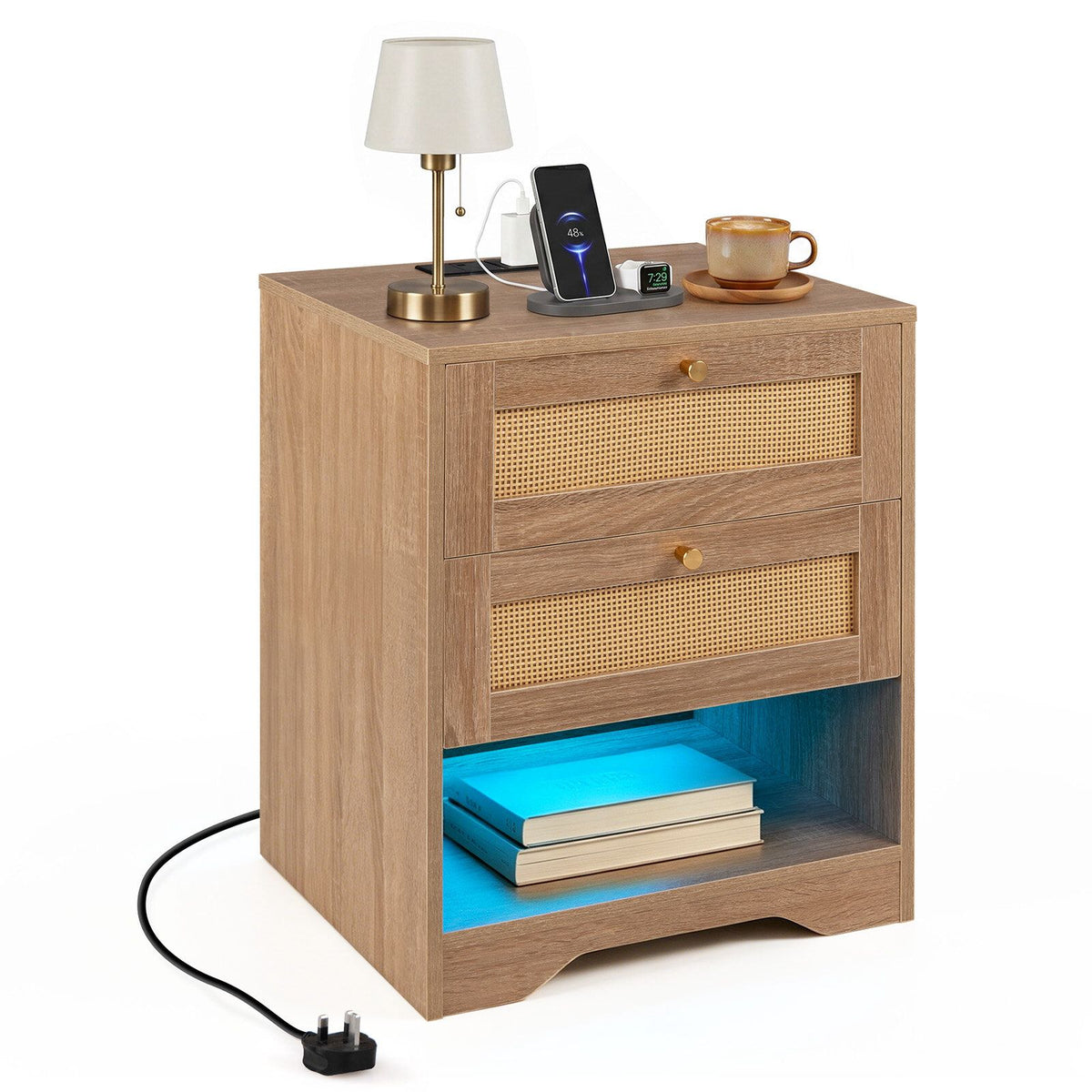 Nightstand with LED Lights & Charging Station, 2 Drawers