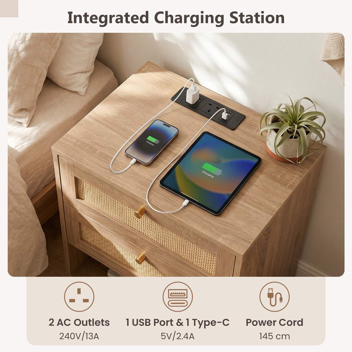 Nightstand with LED Lights & Charging Station, 2 Drawers