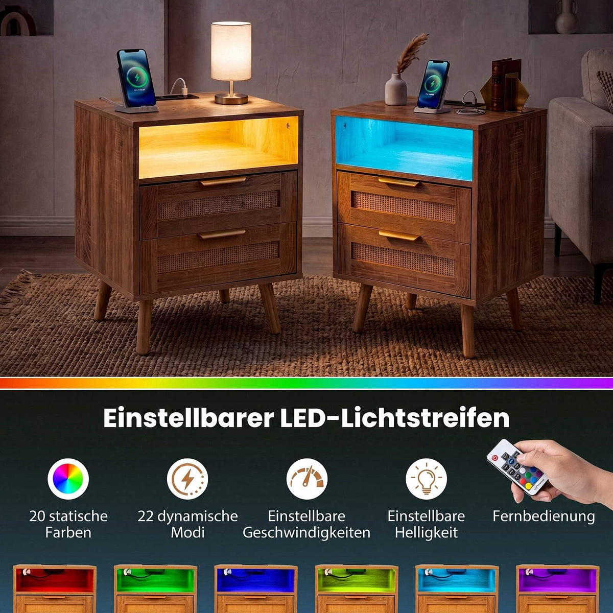 Nightstand with LED Lights & Charging Station, Rattan Drawers