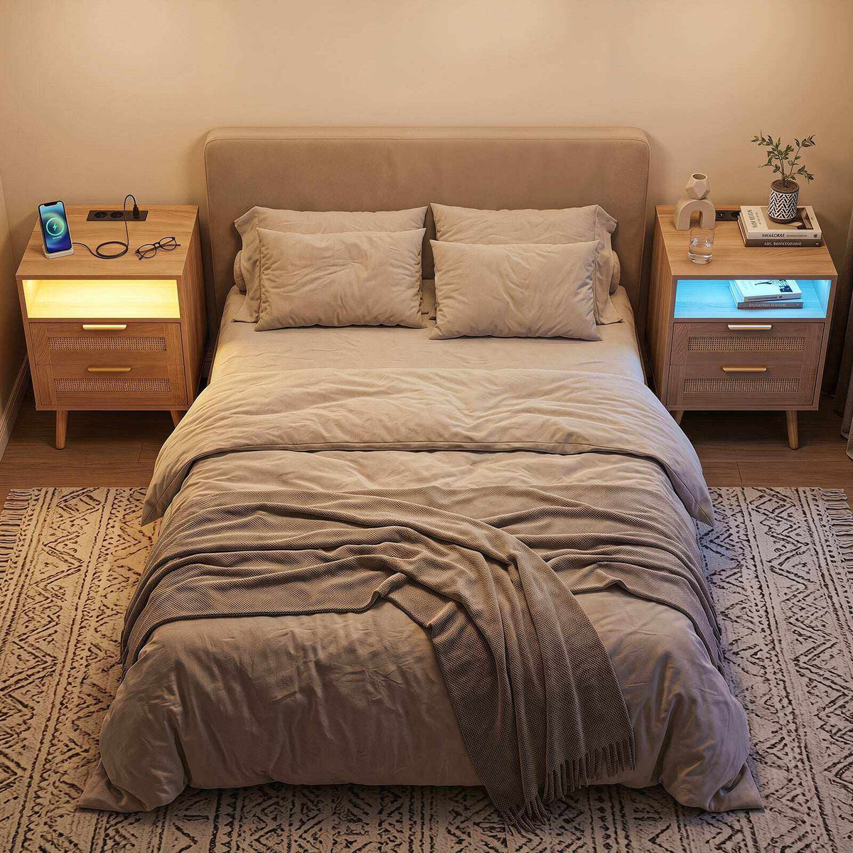 Nightstand with LED Lights & Charging Station, Rattan Drawers