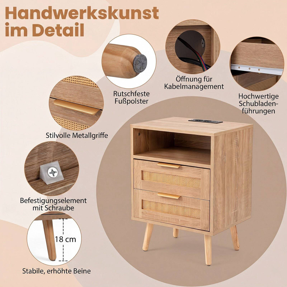 Nightstand with LED Lights & Charging Station, Rattan Drawers