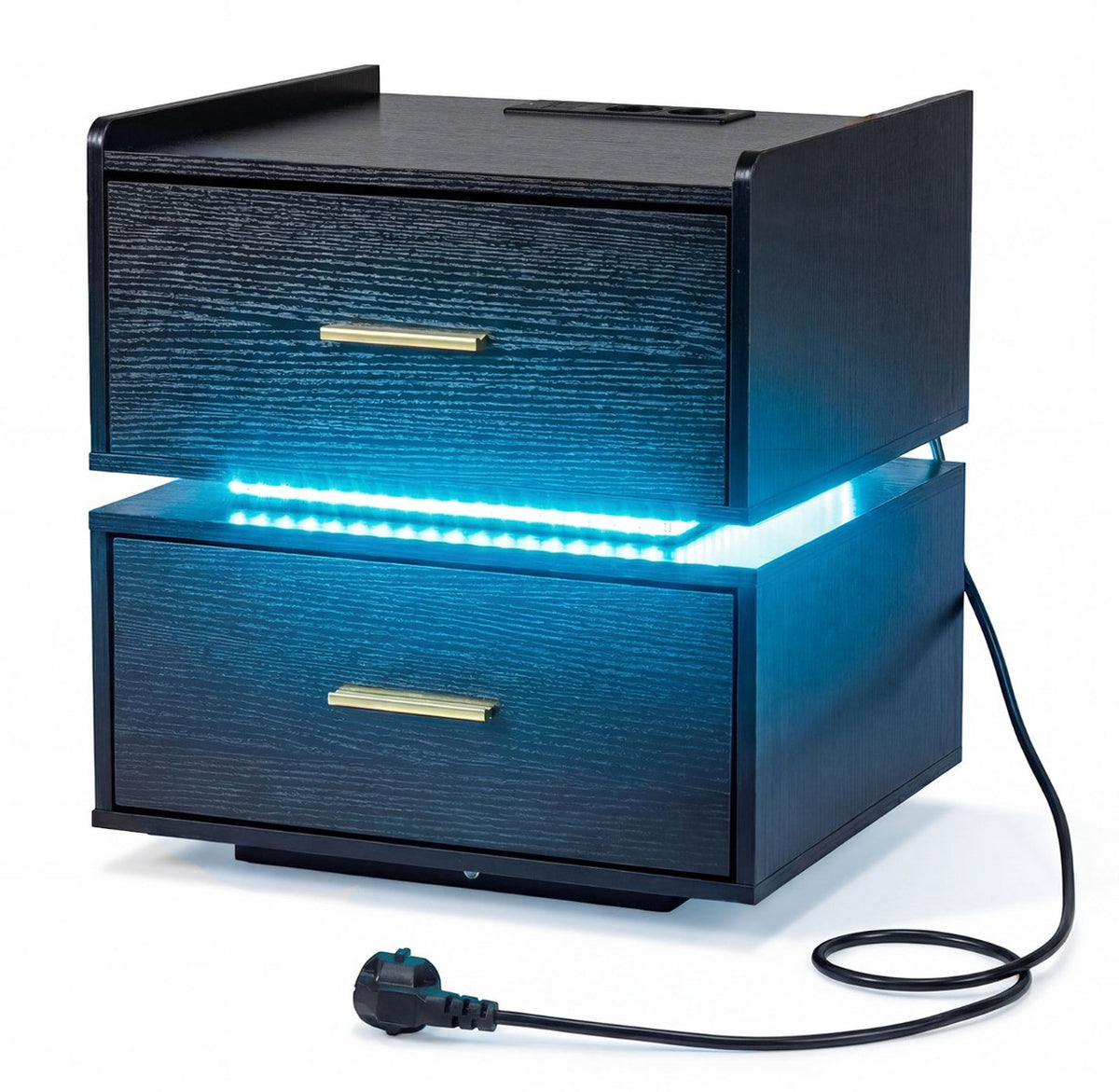 Nightstand with LED Lights and Charging Station, 2 Drawers
