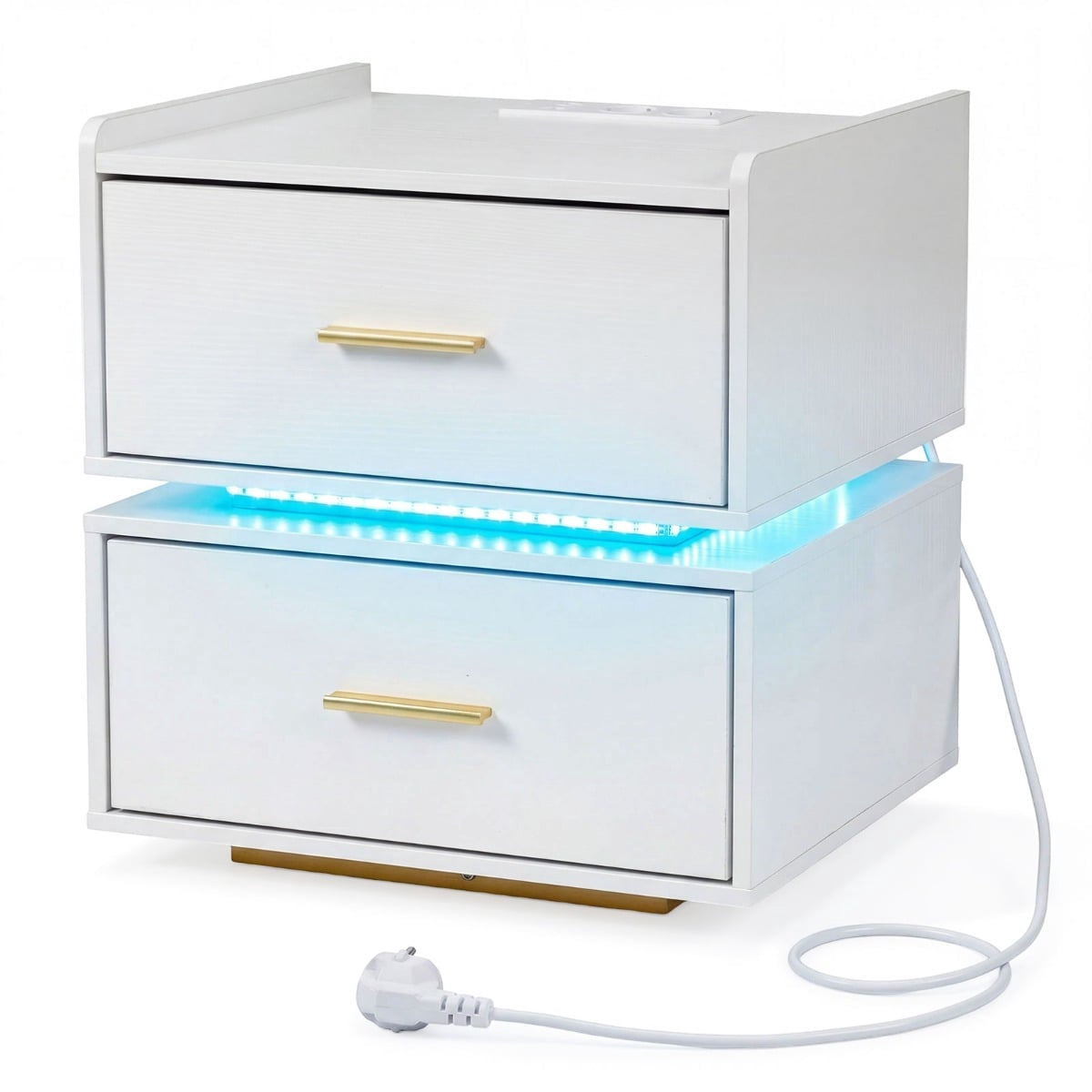 Nightstand with LED Lights and Charging Station, 2 Drawers