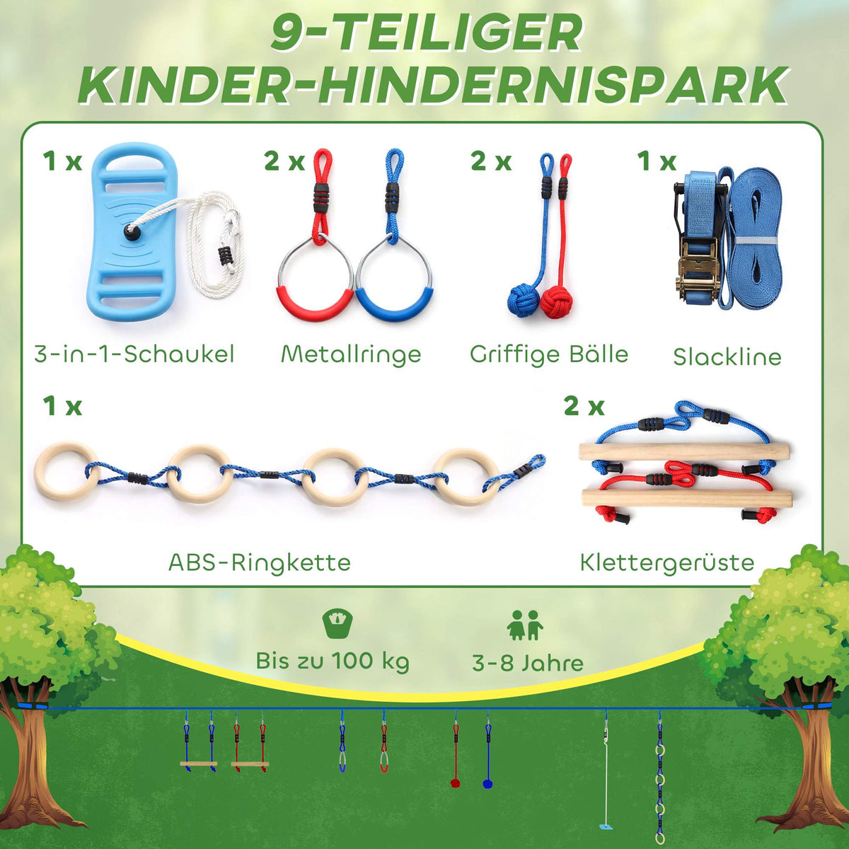 Ninja Slackline Kinder-Kletterseil-Set, 3-in-1 Schaukel, 100 kg Belastbarkeit