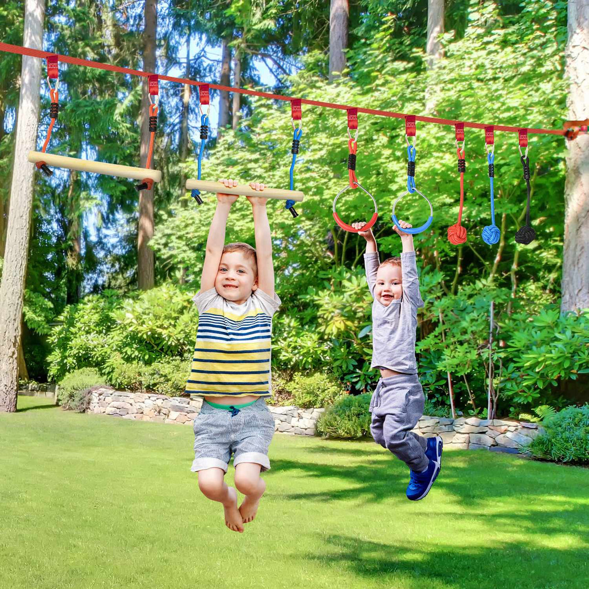Ninja Slackline Set 10M Rope With Climbing Obstacles, Monkey Knots, Gymnastics Rings, For 3-6 Years