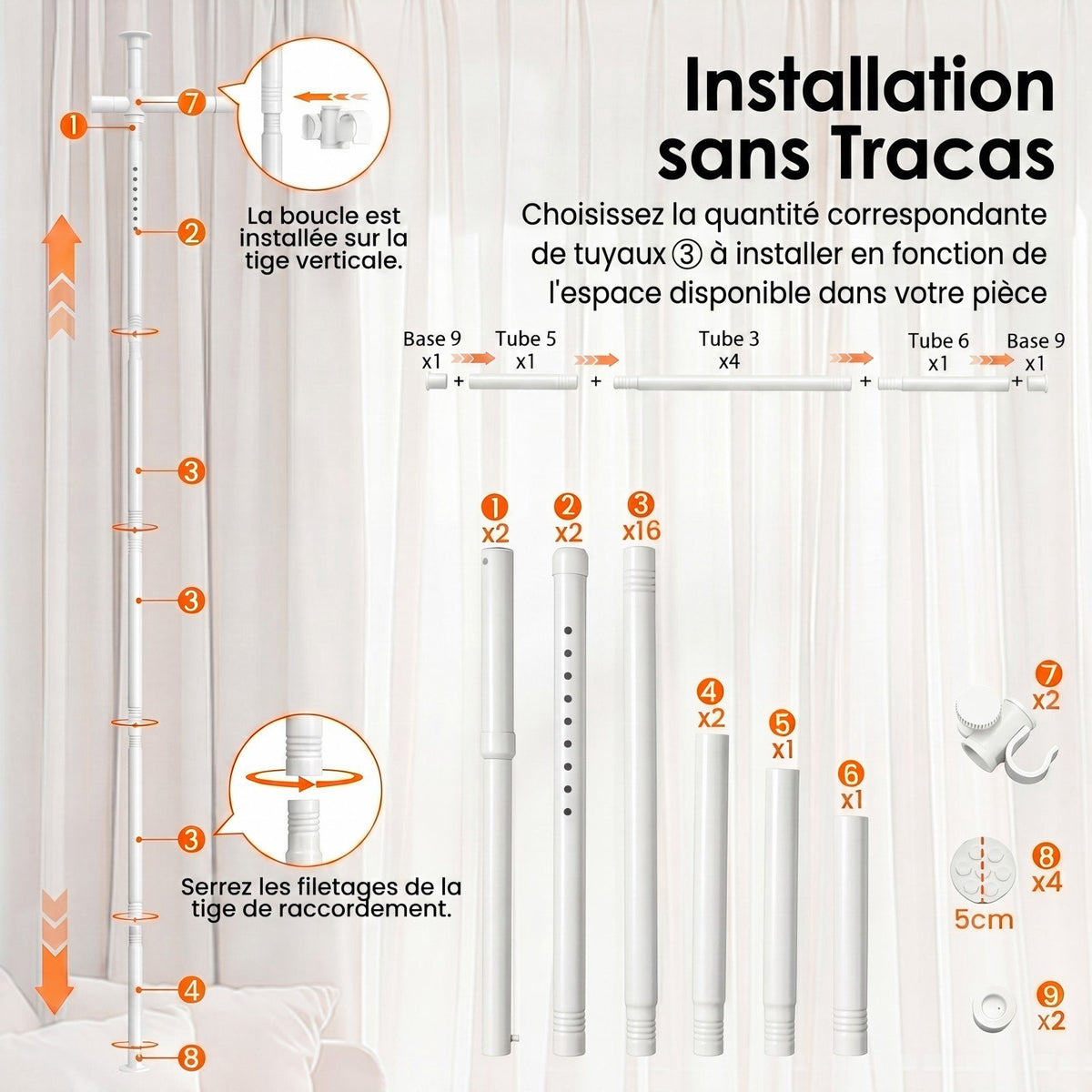 No-Drill White Curtain Rod, 120-314 cm, Room Divider