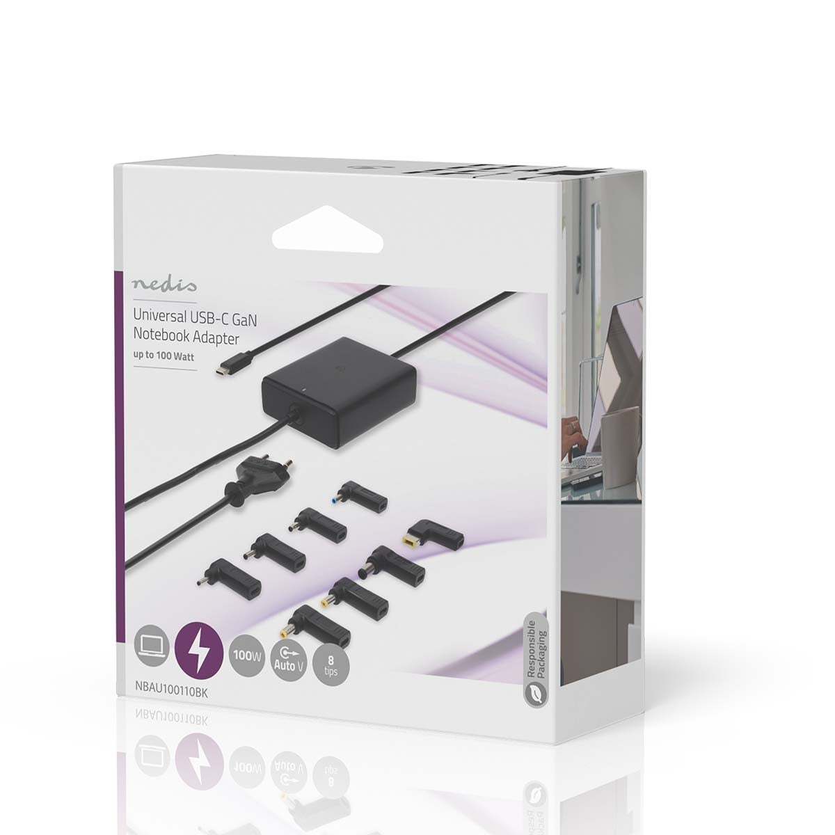 Notebook Adapter | GaN | 100 W | 5 / 9 / 12 / 15 / 20 V DC | 3.0 / 5.0 A | Used for: Notebook / Smartphone / Tablet | Euro / Type-C (CEE 7/16)