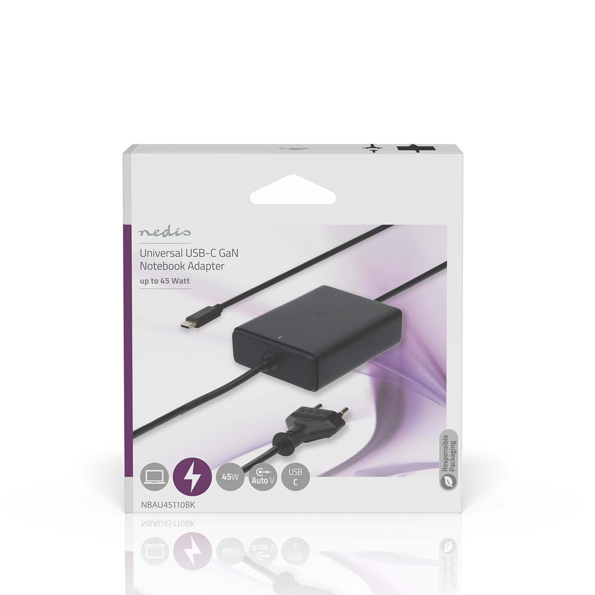 Notebook Adapter | GaN | 45 W| 5 / 9 / 12 / 15 / 20 V DC | 2.25 / 2.33 / 2.92 / 3.0 A| Used for: Computer / Smartphone / Tablet | Euro / Type-C (CEE 7/16)