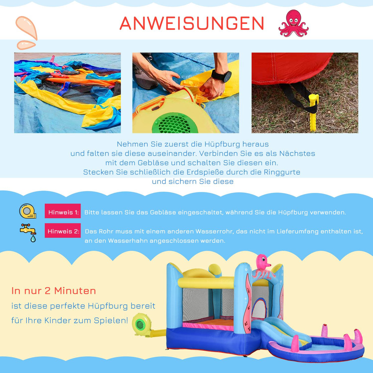 Octopus Pattern Inflatable Bouncy Castle With Slide Play Castle Trampoline Water Slide Pool For 3-8 Years Oxford Cloth