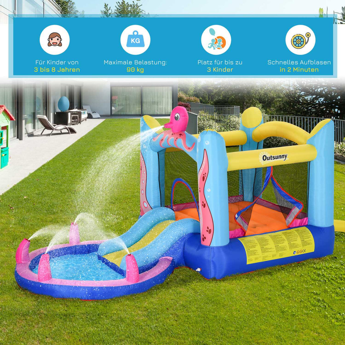 Octopus Pattern Inflatable Bouncy Castle With Slide Play Castle Trampoline Water Slide Pool For 3-8 Years Oxford Cloth