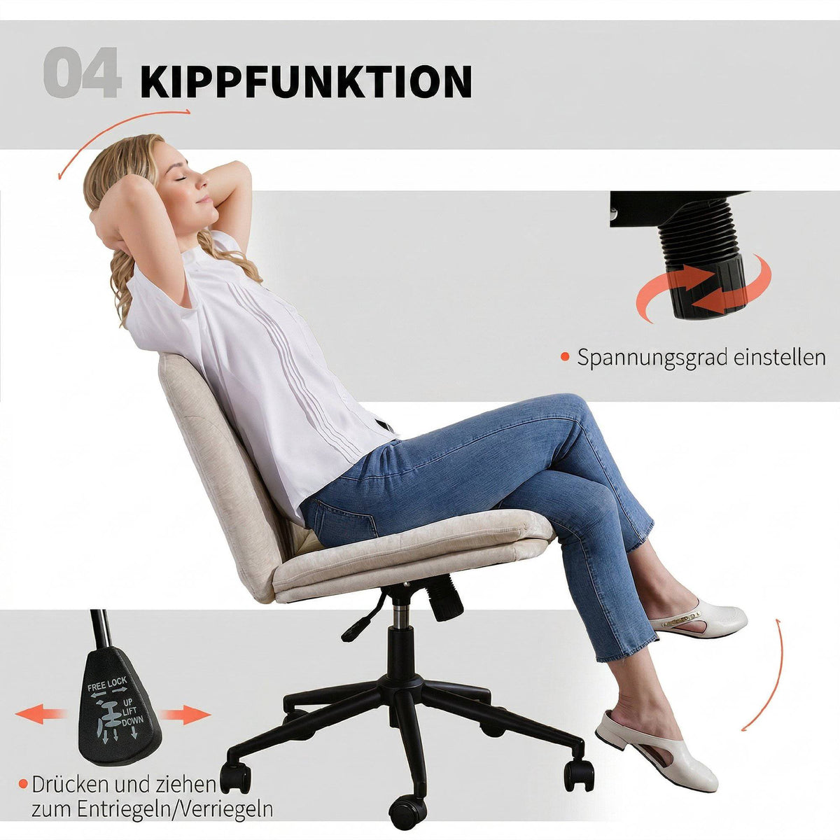 Office Chair, Armless Cross-Legged, Height Adjustable, Beige