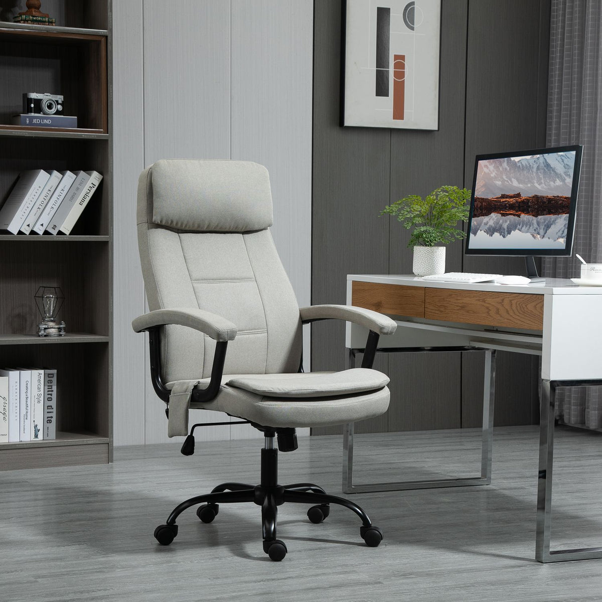 Office Chair Comfortable Gaming Chair With Lumbar Spinal Massage, Swivel Chair, Height Adjustable, Linen Feel, Beige, 63X70X112-121Cm